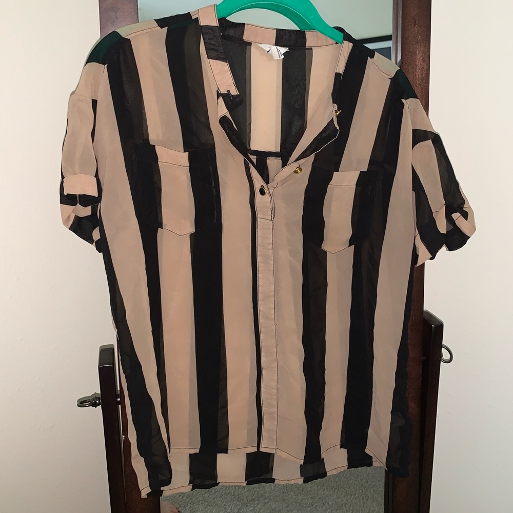 Tan & black vertical striped sheer shirt